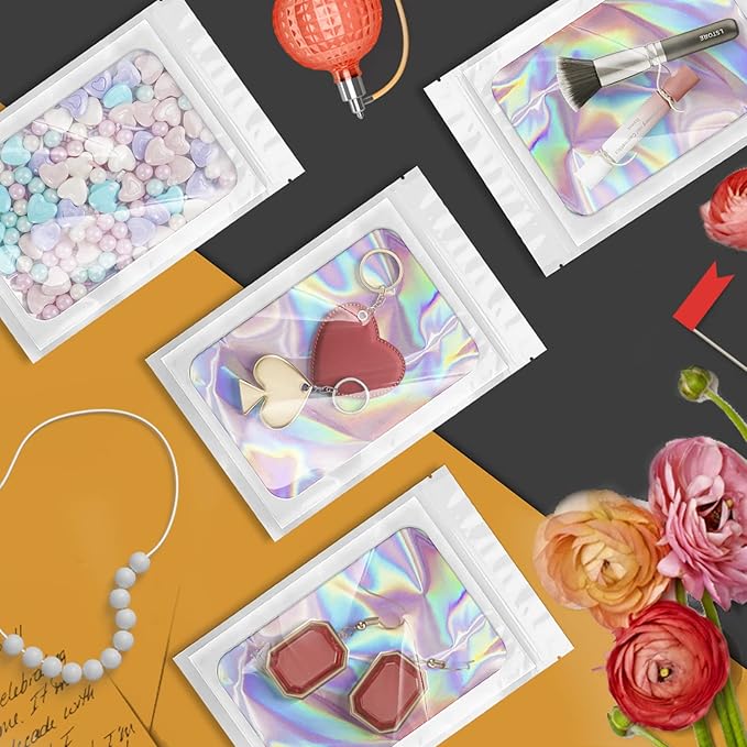 100 Pieces Smell Proof Mylar Bags, Holographic Packaging Bags, Resealable Odor Foil Pouch Zipper Bag with Clear Window for Food Storage and Lipgloss, Jewelry Lash(White, 4 x 6 Inch)-GlimoraGlow