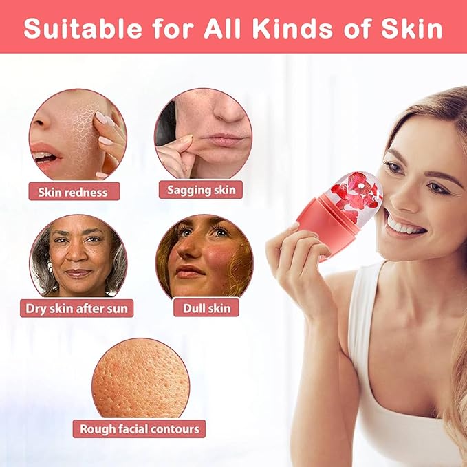 XHJRI Ice Face Roller Massager,Ice Cube Roller for Face, Eyes and Neck Naturally Conditioning and Skin Care,De-Puff Eye Bags,Reduce Migraine Pain,Reusable Massage Silicone Ice Mold (New Pink)-GlimoraGlow