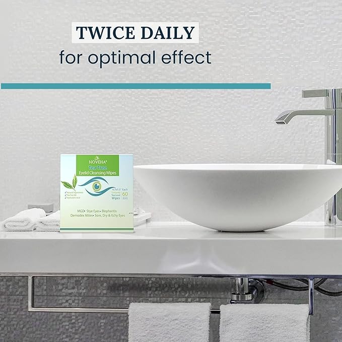 NOVEHA Tea Tree Oil Eyelid & Lash Wipes With Hyaluronic Acid, Green Tea & Chamomile For Blepharitis & Itchy Eyes, Individually Wrapped Eyelash Wipes Natural Makeup Remover & Daily Cleanser (Pack of 3)-GlimoraGlow