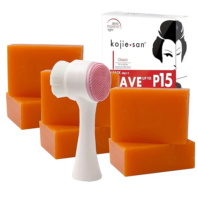 Kojie San Skin Brightening Brush Set - Original Kojic Acid Soap That Helps Reduces Dark Spots & Other Types of Skin Damage – 65g x 6 Bars and Relumins Deep Pore Facial Cleansing Brush-GlimoraGlow