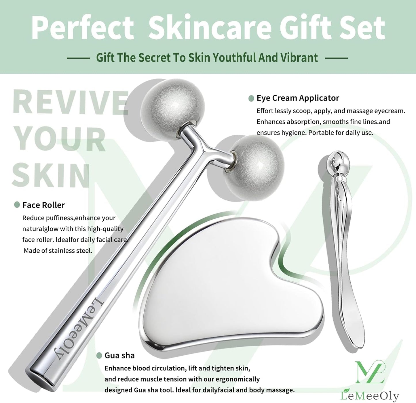 Gua Sha Facial Tools Stainless Steel & Face Roller Massager Skin, Facial Massage Skin Care for Face Neck Body, Reduce Puffiness Remove Wrinkles, Valentines Gift for Women-GlimoraGlow