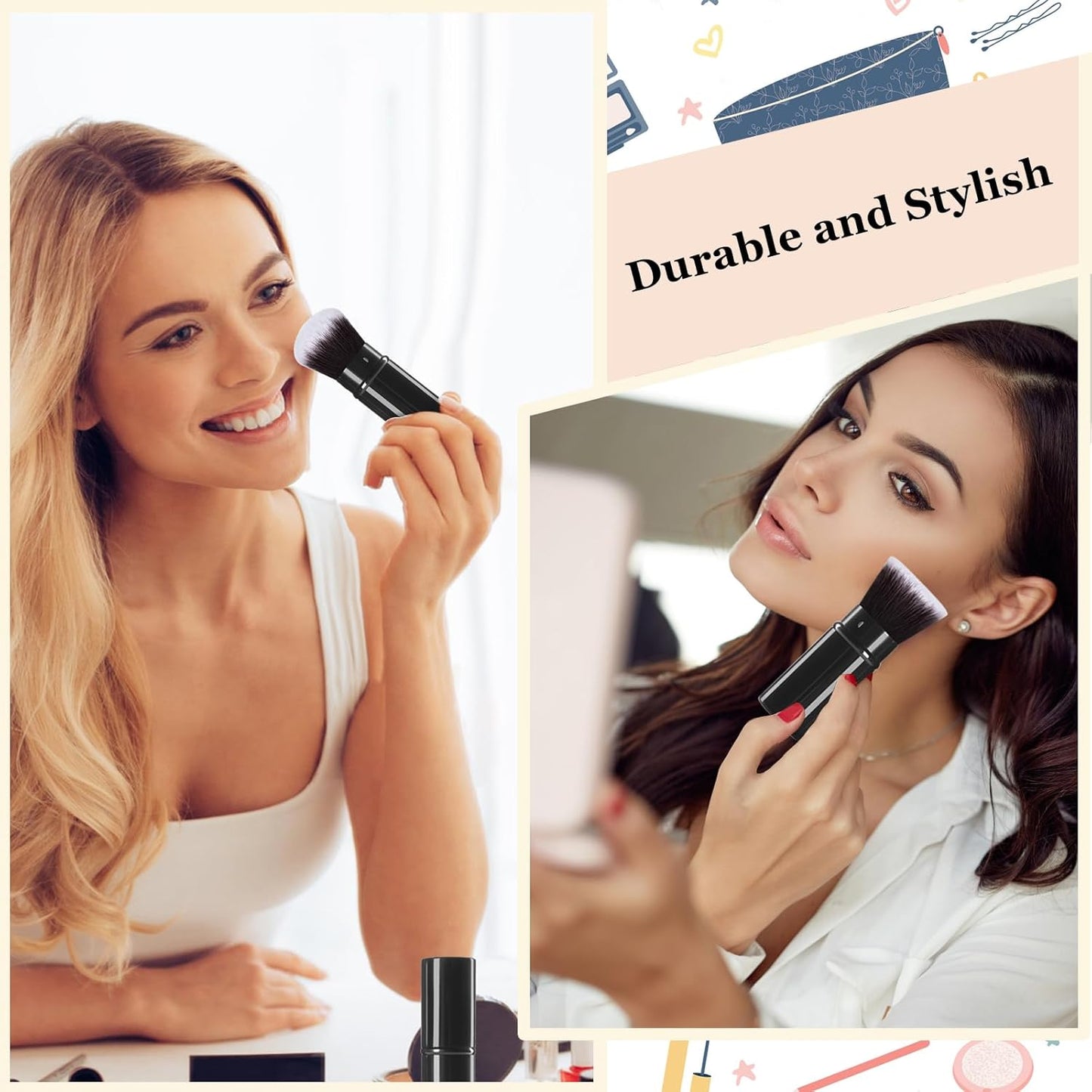 Retractable Makeup Brush 2 Pack, Travel Kabuki Powder Foundation Makeup Brush Face Blush Brushes for Blending Liquid, Blush, Bronzer, Buffing, Sunscreen,Flawless Cosmetics-GlimoraGlow