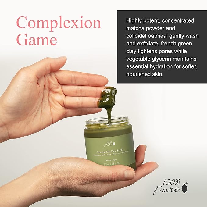 100% PURE Matcha Oat Face Scrub Facial for Glowy Radiant Skin Exfoliator & Pore Minimizer Natural Skincare for Women & Men, Vegan - 3 oz-GlimoraGlow