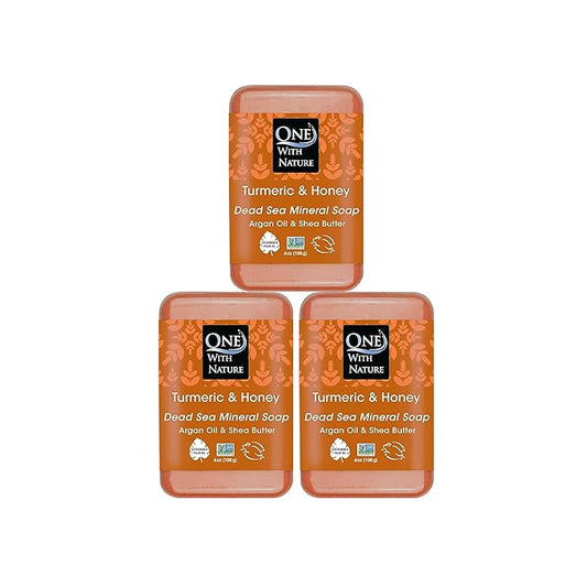 One With Nature Dead Sea Salt Turmeric Soap 4oz 3-Pack – Purifying and Exfoliating Soap Bar with Dead Sea Minerals and Turmeric for Face & Body, for Men & Women-GlimoraGlow