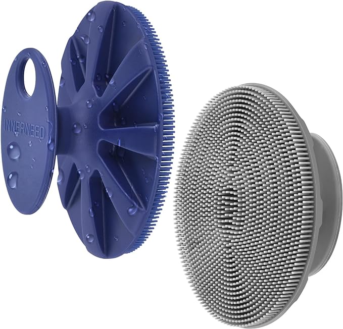 INNERNEED Silicone Face Exfoliating Brush Manual Handheld Facial Cleansing Scrubber Blackhead Remover, Food-Grade Soft Bristle (Dark Blue+Gray)-GlimoraGlow