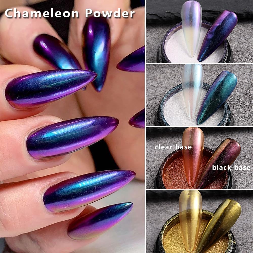 16 Colors Chrome Nail Powder Set, Metallic Mirror Effect Holographic Aurora Chameleon Pigment Glitter for Gel Polish Manicure Nail Art Decorations-GlimoraGlow