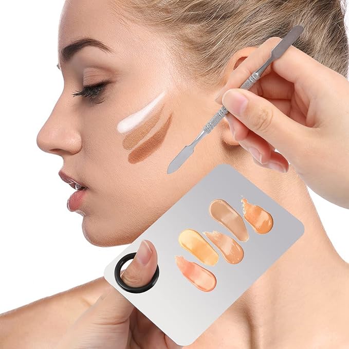 2 Sets Foundation Palette Makeup Mixing Palette Stainless Steel Cosmetic Mixing Palette with Spatula Makeup Artist Tool for Mixing Foundation Eye Shadow Eyelash Nail Art (4.52 x 2.99 inch)-GlimoraGlow