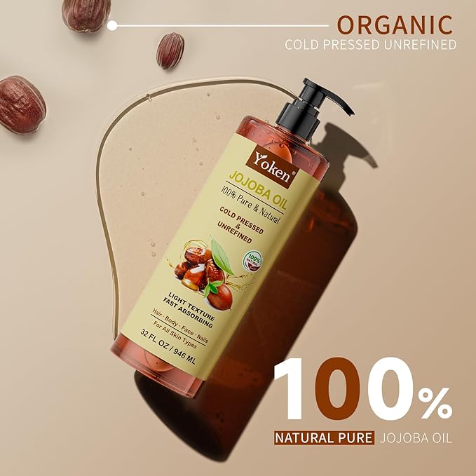 Yoken 32 fl oz (EWG Verified) 100% Pure Jojoba Carrier Oil - Unrefined, Hexane-Free, Cold Pressed for Skin, Face, Hair, Nails, and Massage-GlimoraGlow