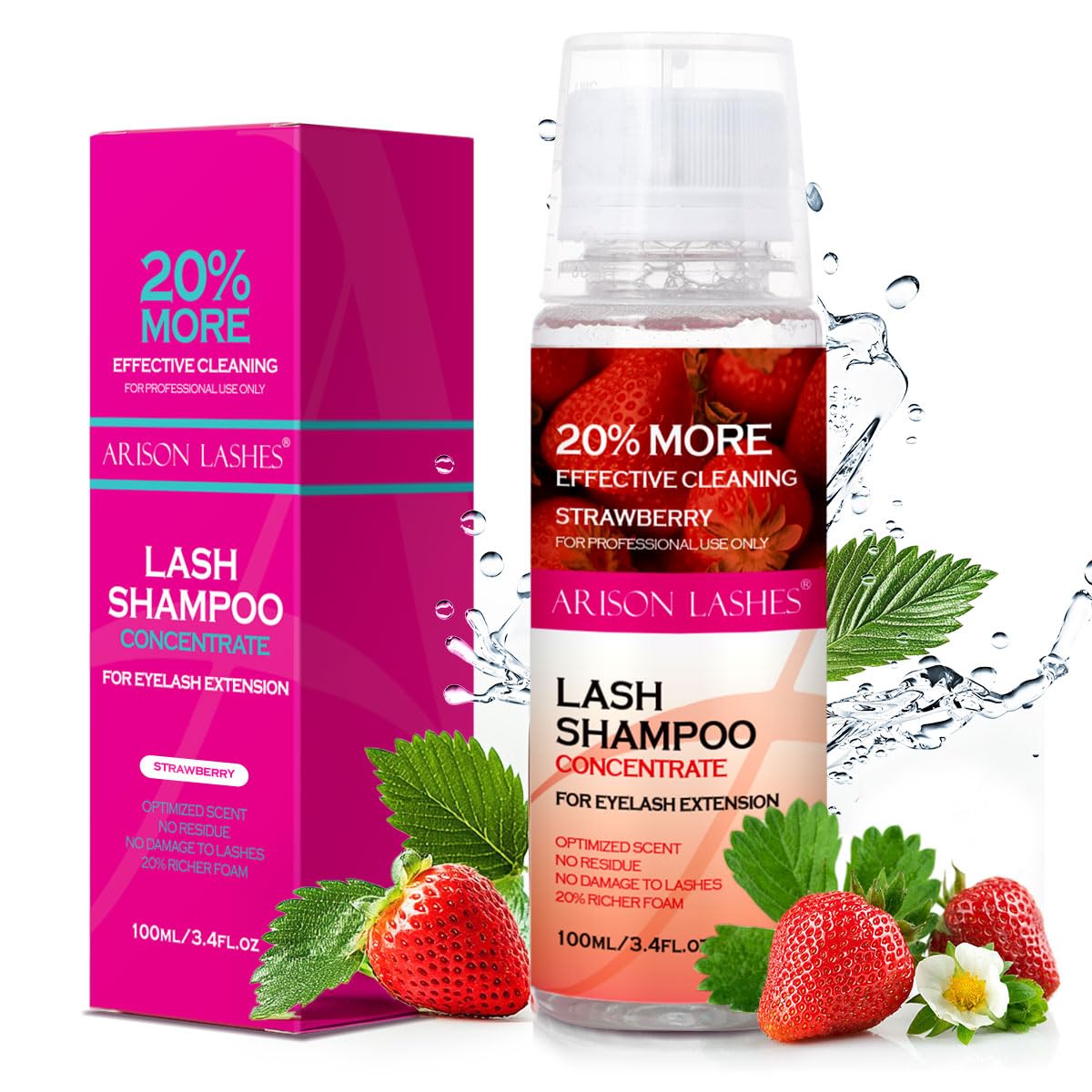 ARISON LASHES Lash Shampoo Concentrate for Lash Extensions 100ML Eyelash Cleanser Concentrate Oil-Free Eyelash Extension Shampoo with Salon Home Care(Strawberry)-GlimoraGlow