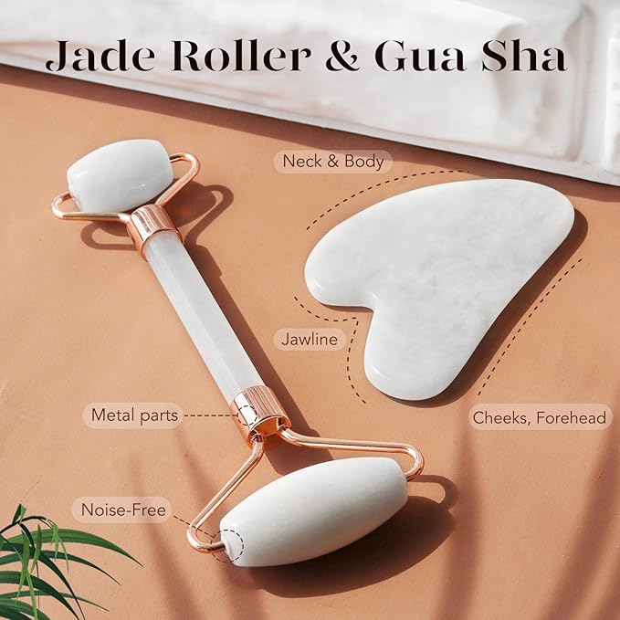 BAIMEI Jade Roller & Gua Sha Set Face Roller and Gua Sha Facial Tools for Skin Care Routine and Puffiness, Self Care Gift for Men Women - White-GlimoraGlow