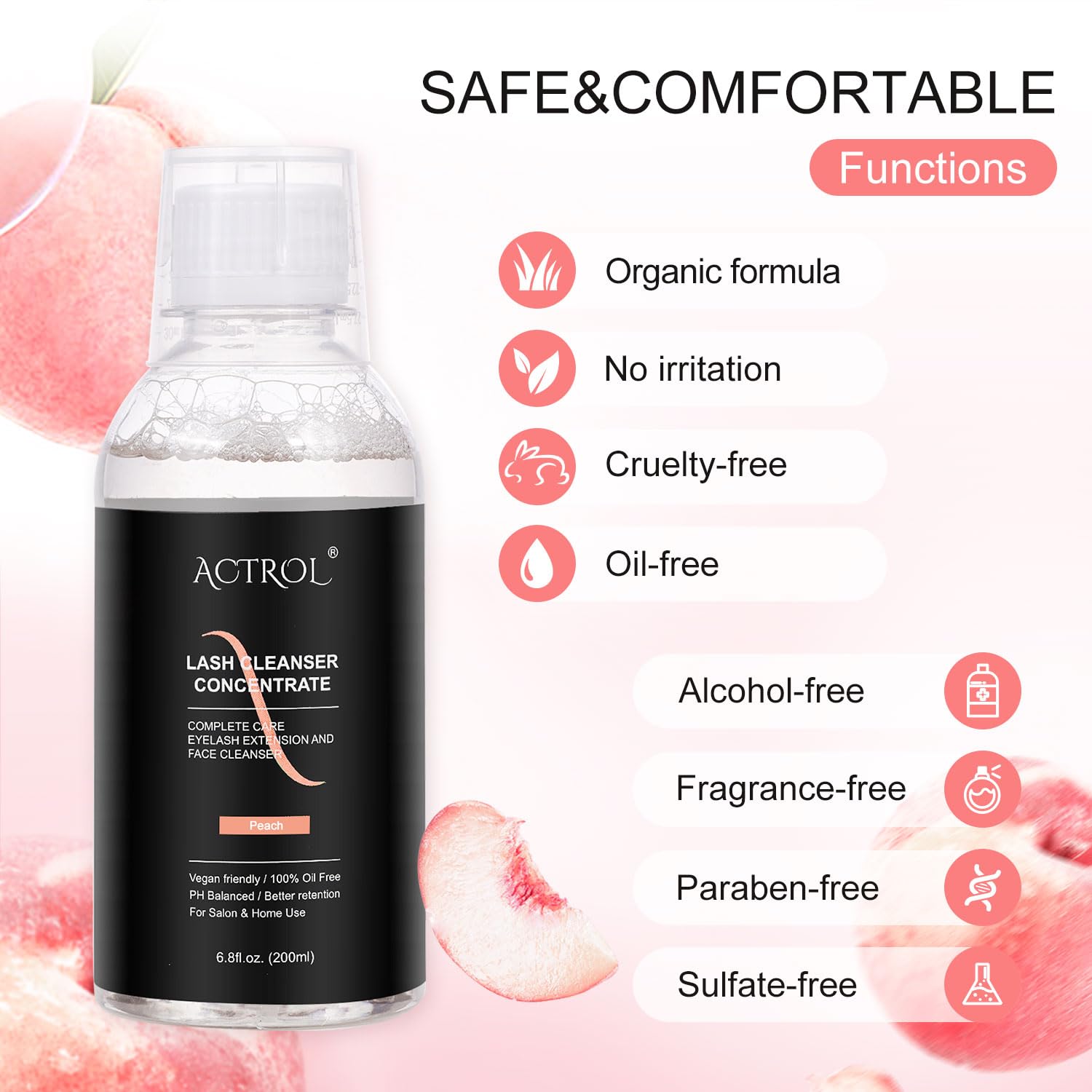 Eyelash Cleanser Concentrate 200ml Peach Professional Lash Shampoo Foaming Cleanser Paraben & Sulfate Free Non-lrritating Wash for Extensions Lashes with Salon Home Care-Makes 40 Bottles-GlimoraGlow