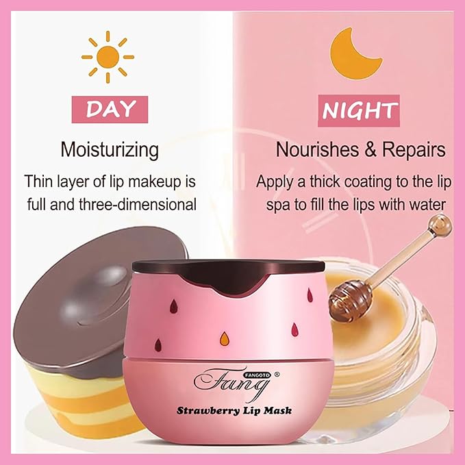 1 PCS Bee Lip Balm Lip Mask Honey Pot, Strawberry Moisturizing Sleeping Lip Mask Overnight with Sticks, Lip Balm Honey Pot Lip Balm Hydrating Prevention Dry and Crack Lip Scrubs Exfoliator-GlimoraGlow