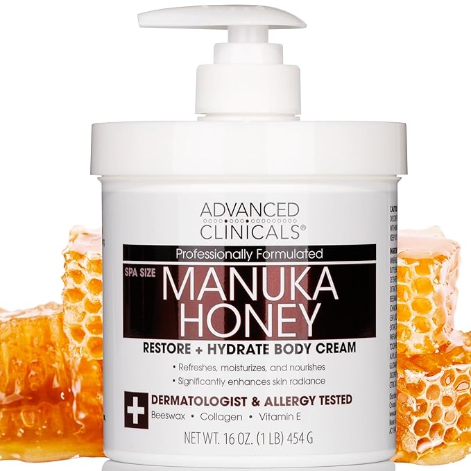 Advanced Clinicals Manuka Honey Body Cream For Women & Men | Body Butter Lotion For Extremely Dry Skin | Collagen Cream | Skincare Moisturizer Hydrating Balm Improves Look Of Aging Skin, 16 Ounce-GlimoraGlow