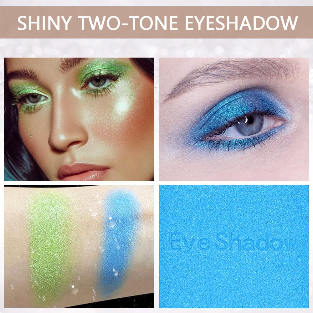 2 colors eye shadow makeup palette, Blue & Green Eyeshadows Halloween Birthday Party Wear, high pigment eye, matte & shimmer metal eye shadow powder, Blendable, Ultra-Pigmented(02)-GlimoraGlow