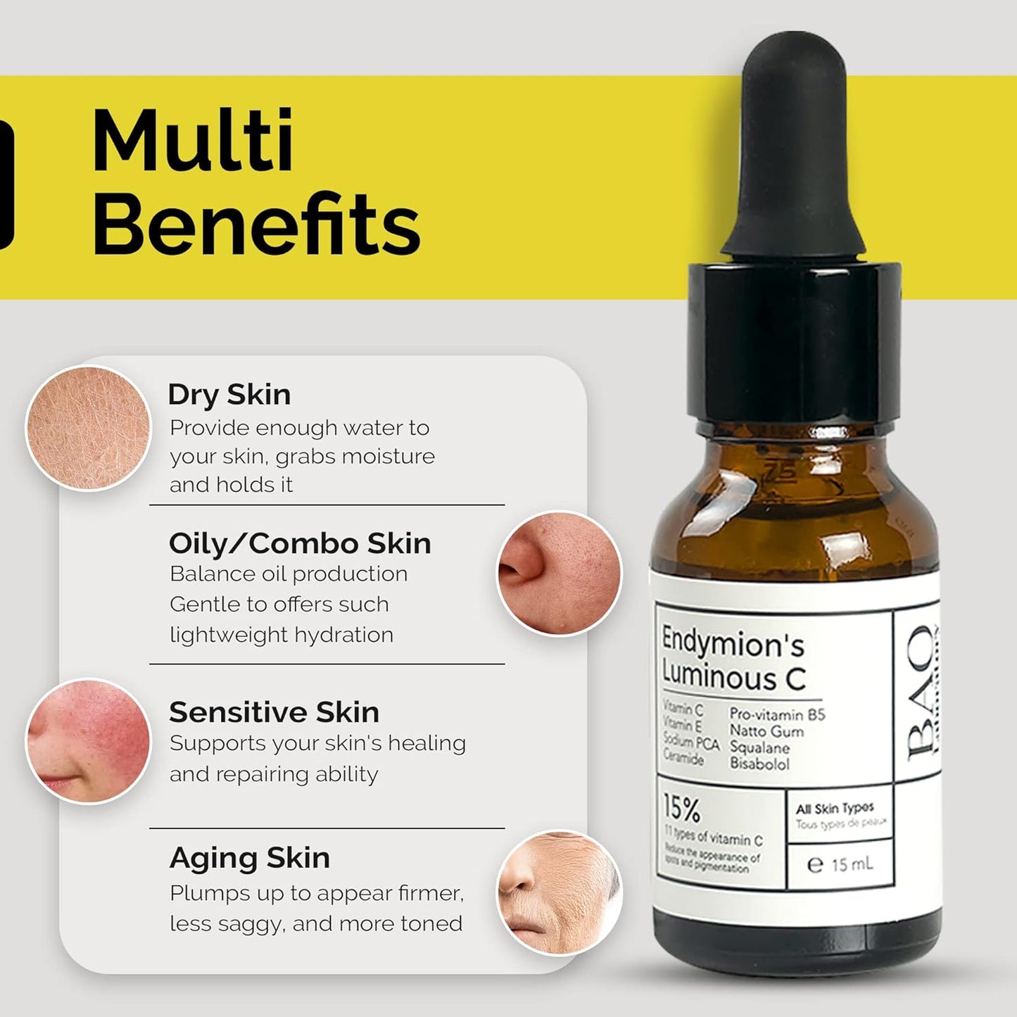 ENDYMION’S LUMINOUS C Face Serum | Bisabolol, Squalane, Vitamin C &E | Multi Vitamin Serum for Brightening, Regenerating And Refreshing Skin| For All Skin Types (15 ML)-GlimoraGlow