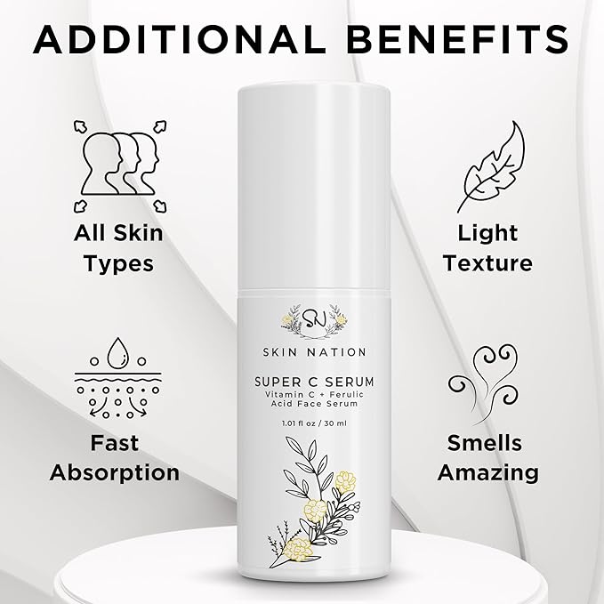 Skin Nation Super Hydrating Vitamin C Face Serum with Ferulic Acid, Aloe Vera, Rosehip Oil, Can Help Smooth Skin Texture and Supports Firmer Skin, for Dry and Sensitive Skin-GlimoraGlow
