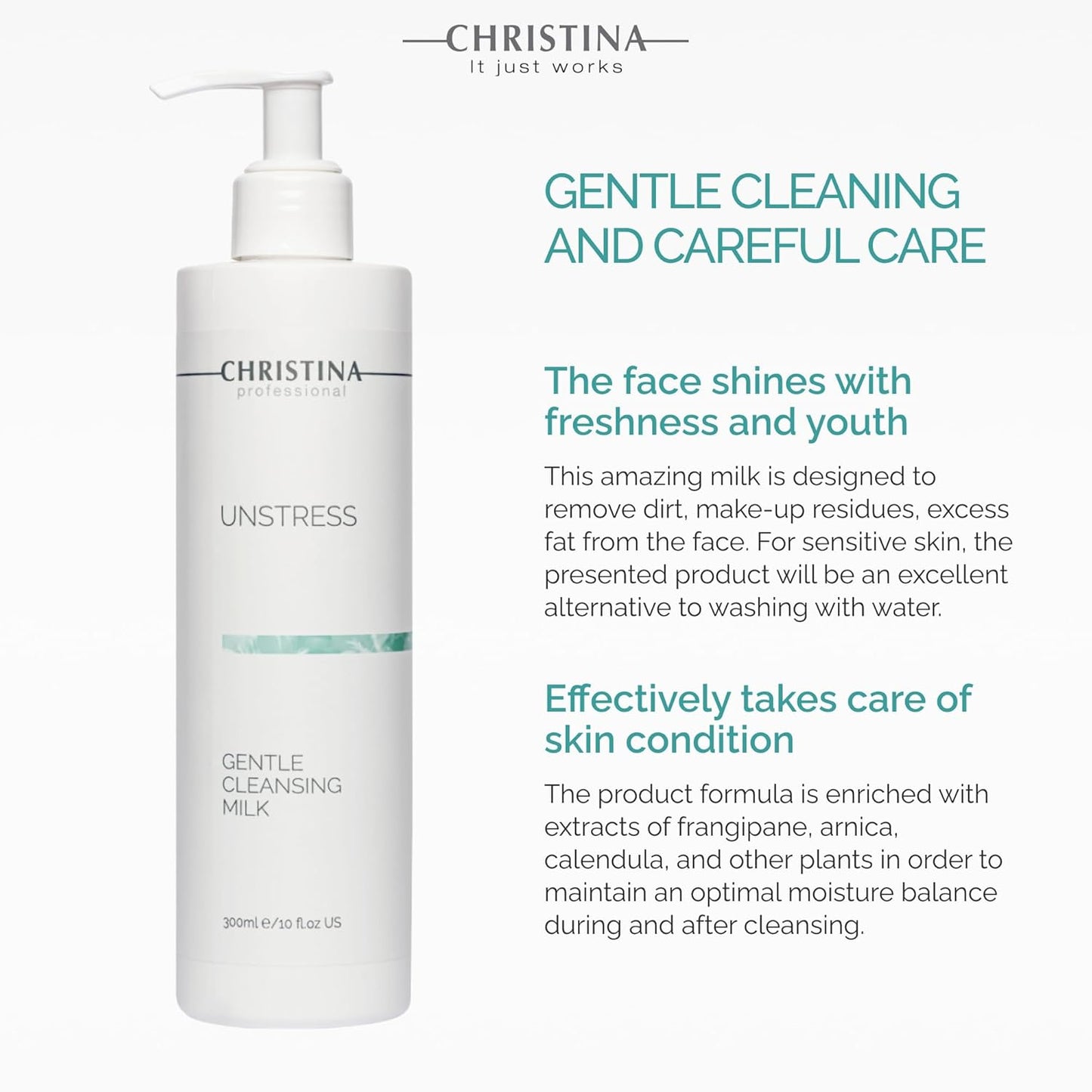 Christina - Unstress Gentle Cleansing Milk with Vitamin E | Smothing Refreshing milk Cleanser for Face | Soap-free Cleansing Milk for Face | Suitable for All Skin Types (10 fl oz.)-GlimoraGlow