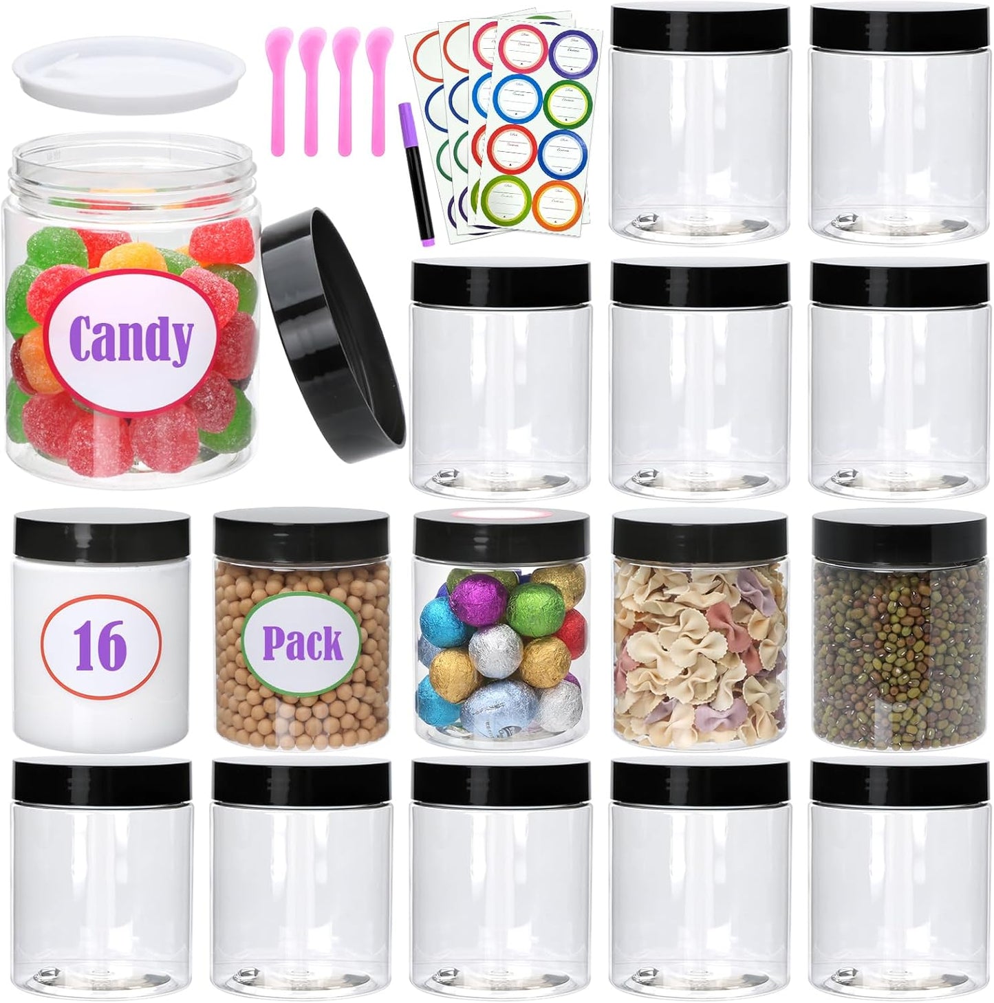 16 Pack 8oz Plastic Containers with Lids, Jars with Lids, Great for storing,lip balms, creams, ointments, cosmetics, samples-GlimoraGlow