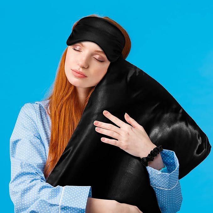 2 Pack Satin Pillowcase with Latent Zipper, Adjustable Satin Eye Mask for Sleeping and Satin Volume Scrunchie for Hair and Skin, Standard Size (Classic Style, Black)-GlimoraGlow