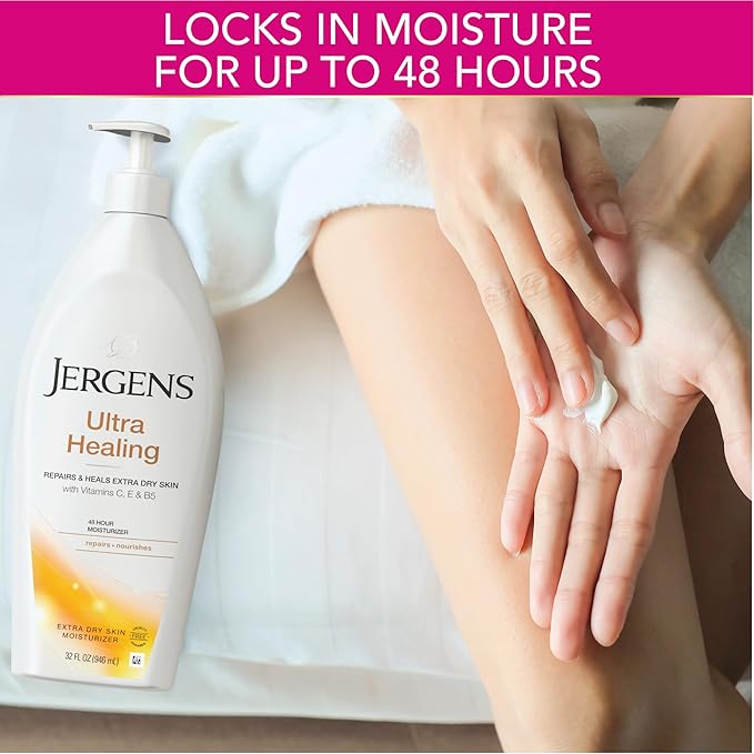 Jergens Ultra Healing Dry Skin Lotion, Hand and Body Moisturizer for Quick Absorption into Extra Dry Skin with Hydralucence Blend, Vitamins C, E and B5, White, 32oz-GlimoraGlow