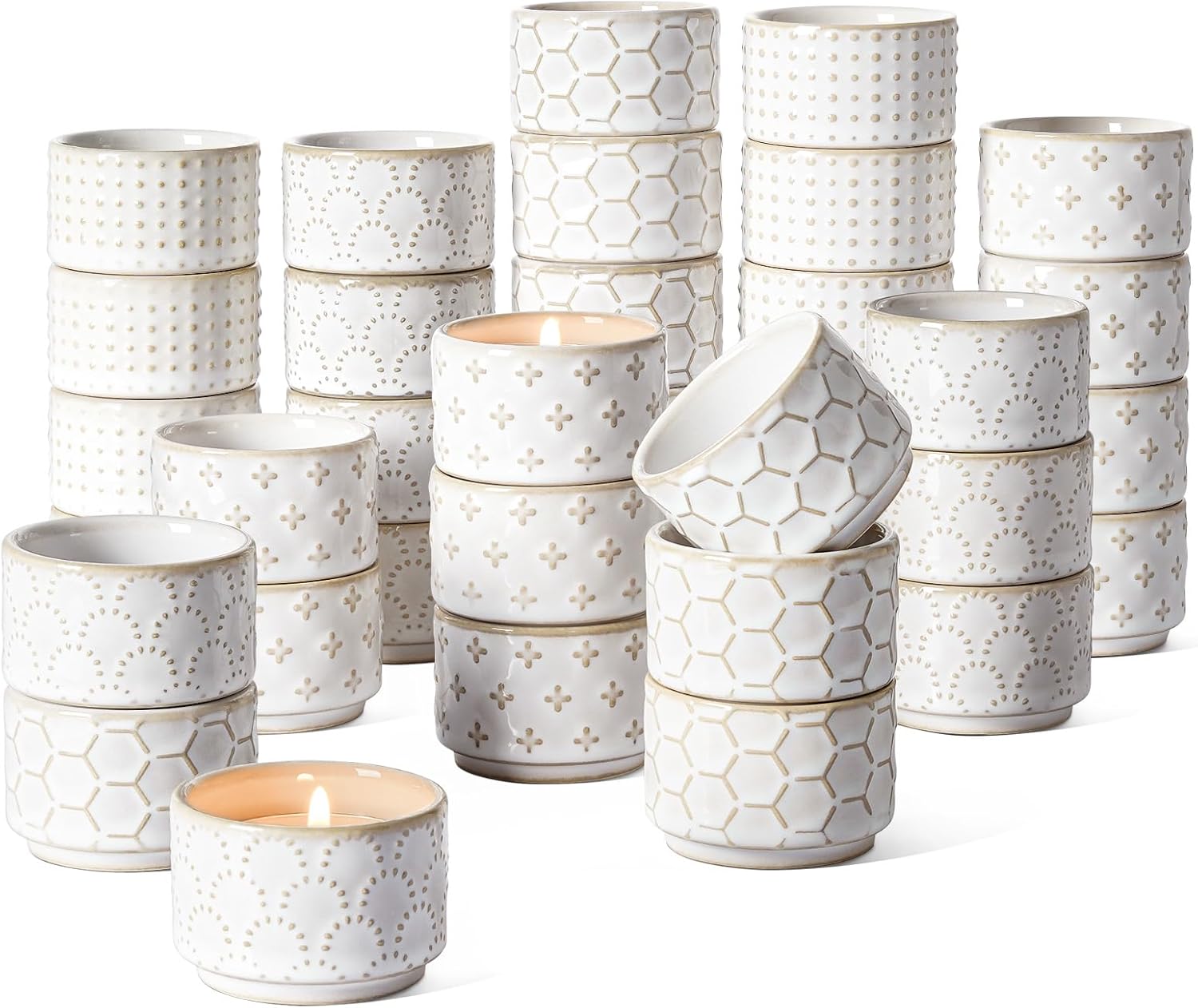 LE TAUCI Tealight Candle Holder, Embossed Ceramic Votive Candle Holders Bulk for Thanksgiving,Christmas, Wedding Table Centerpiece Decor, Set of 36, Arctic White