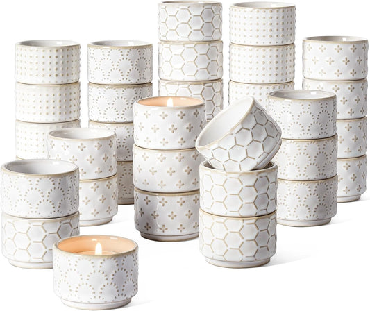 LE TAUCI Tealight Candle Holder, Embossed Ceramic Votive Candle Holders Bulk for Thanksgiving,Christmas, Wedding Table Centerpiece Decor, Set of 36, Arctic White