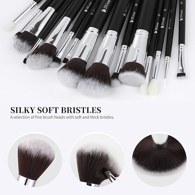 DUcare Makeup Brushes with Bag,15Pcs Makeup Brush Set Christmas Gift Travel Kabuki Foundation Blending Blush Eyeliner Shadow Brow Concealer Brushes Kit Black-GlimoraGlow