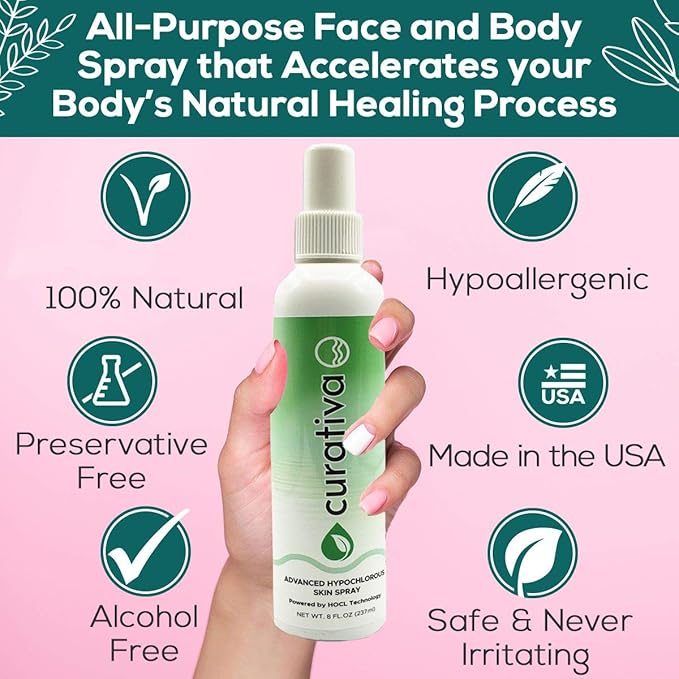 Curativa Bay .02% Hypochlorous Skin Spray, Clear Skin, Most effective For Total Skin Health and the Base for all Skin Care. 100% Organic, Made in USA, Produces Great Results 8 OZ.-GlimoraGlow