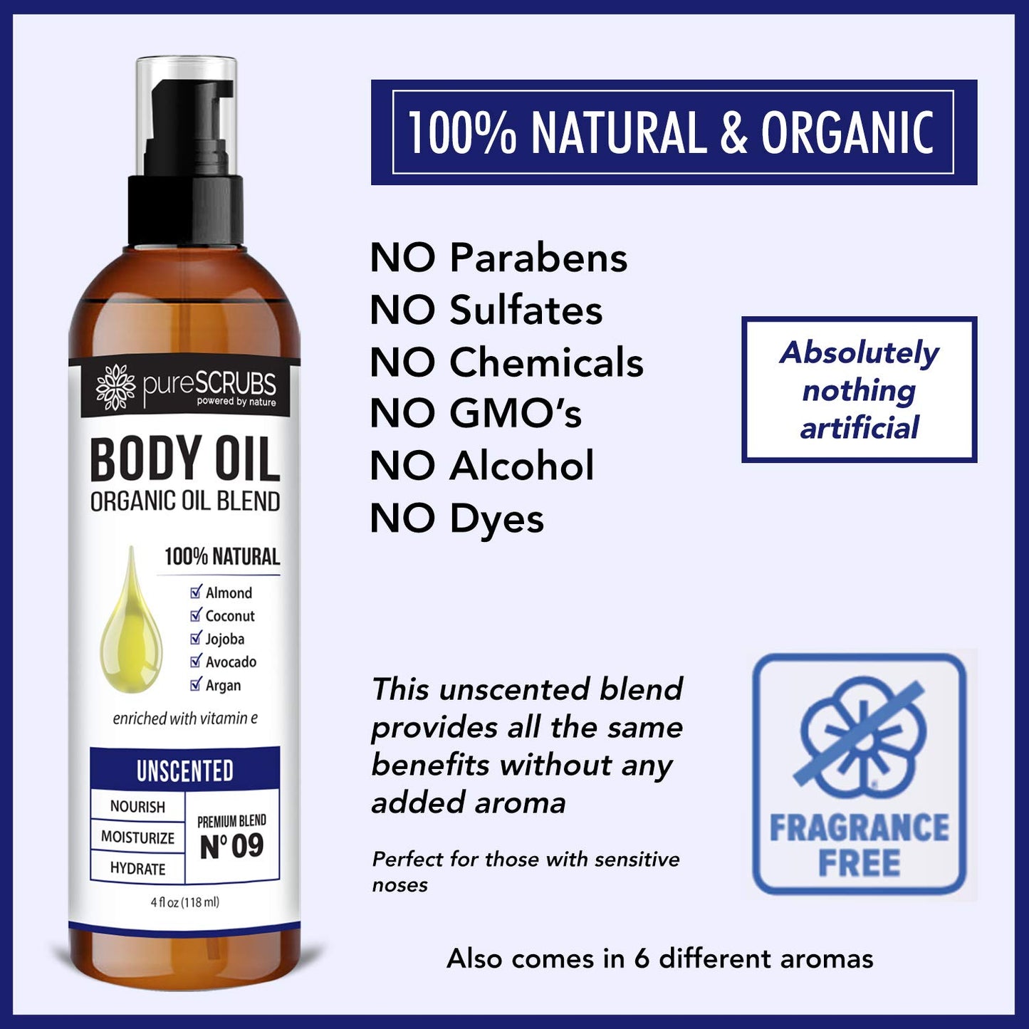 pureSCRUBS Ultra Moisturizing Unscented Body Oil Spray for Dry Skin, Massage, Stretch Marks, Organic Super Blend of Jojoba, Argan, Coconut, Sweet Almond & Avocado Oils Enriched with Vitamin E, Lg 4oz-GlimoraGlow