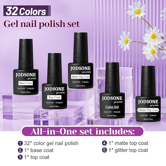JODSONE 32+4 Pcs Gel Nail Polish Kit Soak Off Gel Polish Set Glitter Gel Nail Kit Nail Art Salon DIY at Home Manicure Kit-GlimoraGlow