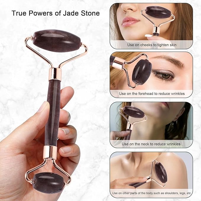 Jade Roller for Face, Facial Roller Massager Skin Care Tool, Gua Sha Facial Tools for Face, Neck, Eyes, Reduce Puffiness of The Skin(Purple)-GlimoraGlow