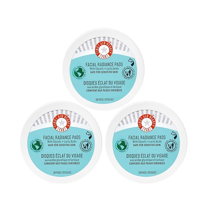 First Aid Beauty - Facial Radiance Pads with Glycolic & Lactic acids, Daily Exfoliating pads with AHA to Help Tone & Brighten Skin, One Step Makeup Prep, Compostable for Daily Use, 28 Pads, 3 ct-GlimoraGlow