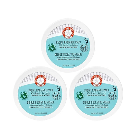 First Aid Beauty - Facial Radiance Pads with Glycolic & Lactic acids, Daily Exfoliating pads with AHA to Help Tone & Brighten Skin, One Step Makeup Prep, Compostable for Daily Use, 28 Pads, 3 ct-GlimoraGlow