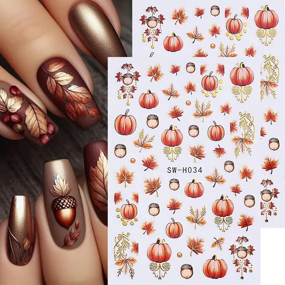 2 Sheets Fall Nail Stickers Autumn Maple Leaf Nail Art Stickers 3D Self Adhesive Maple Leaves Nails Decals for Nails Art Thanksgiving Day Nail Decoration Pumpkin Cute Manicure Supplies for Women-GlimoraGlow