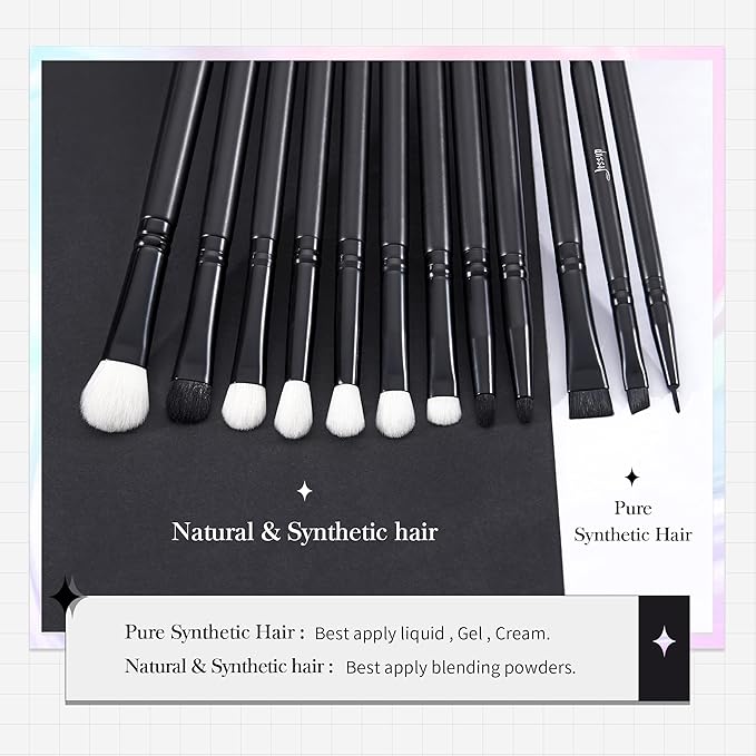 Jessup Eyeshadow Brush Set 12pcs Black Eye Makeup Brushes Set Professional with Natural Synthetic Hair for Eyebrow Eyelash Eyeliner Spoolie Blending, T322-GlimoraGlow