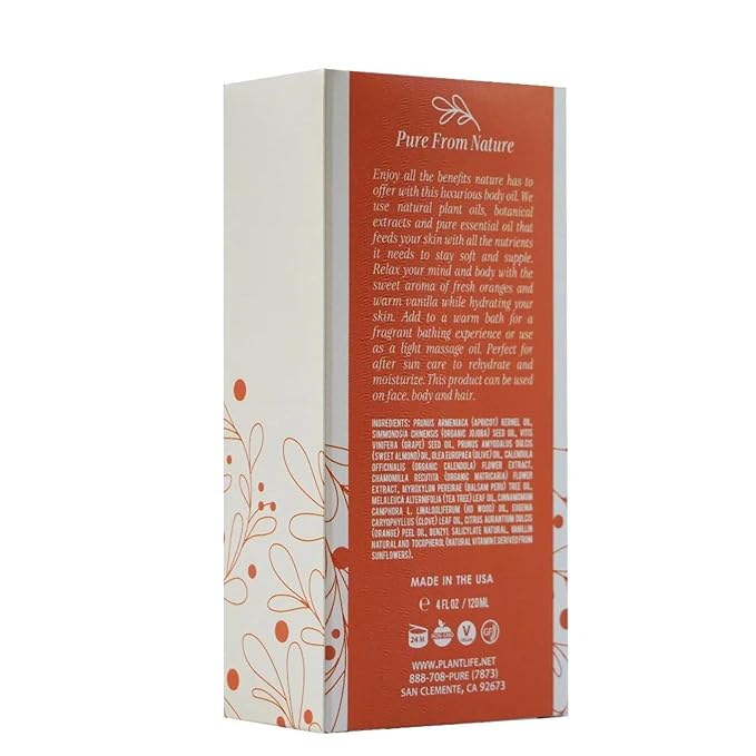Plantlife Vanilla Orange Body Oil - Formulated for Soft and Silky Skin Using Rich Plant Oils That Absorb and Leave a Light Aroma on the Skin - Made in California 4 oz-GlimoraGlow