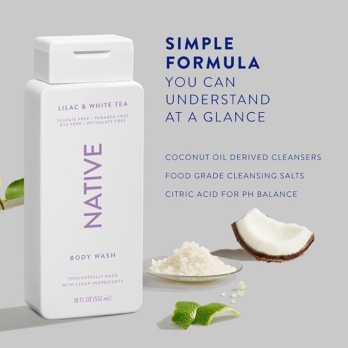 Native Body Wash Contains Naturally Derived Ingredients | For Women & Men, Sulfate, Paraben, & Dye Free Leaving Skin Soft and Hydrating | Lilac & White Tea 18 oz - 2 Pk-GlimoraGlow