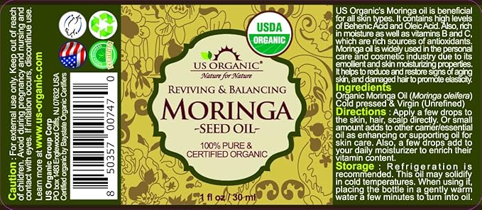 US Organic Moringa Oil, USDA Certified 100% Pure, Cold Pressed & Unrefined Non GMO, Vegan Oil, Natural Moisturizer for Skin, Face, Body, Hair, Good for Hair Growth, Fine Lines, Wrinkles (1 oz (30 ml))-GlimoraGlow