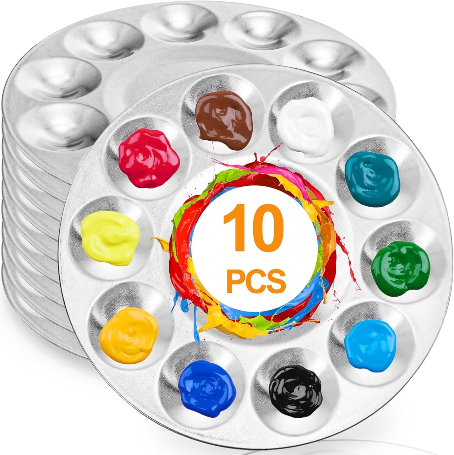 10 Pack Paint Tray Palettes, 6.7" Metal Paint Mixing Pallets, 10-Well Painting Palette, Washable Round Paint Holder Tray for DIY Craft Professional Watercolor Oil Art Painting Project, Silver-GlimoraGlow