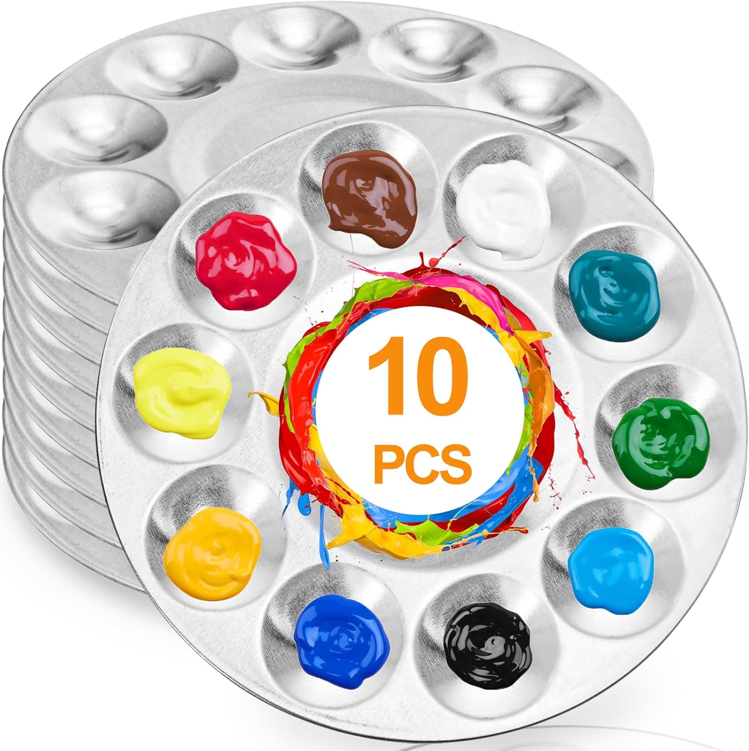 10 Pack Paint Tray Palettes, 6.7" Metal Paint Mixing Pallets, 10-Well Painting Palette, Washable Round Paint Holder Tray for DIY Craft Professional Watercolor Oil Art Painting Project, Silver-GlimoraGlow