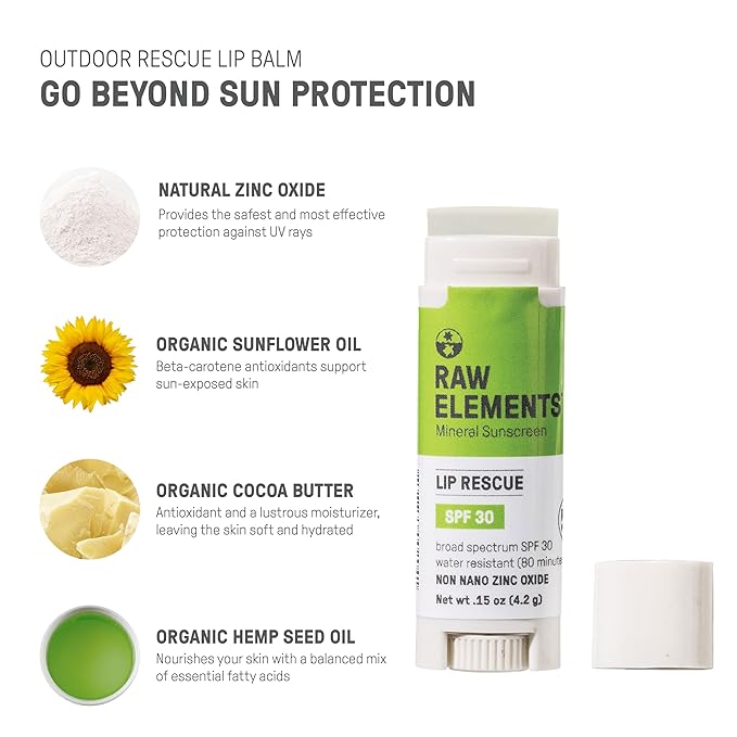Raw Elements Organic Outdoor Sunscreen Lip Balm Rescue - SPF 30, UVA-UVB Protection, Reef-Safe, Non-Nano Zinc, Water Resistant, 0.15 oz (Pack of 1)-GlimoraGlow