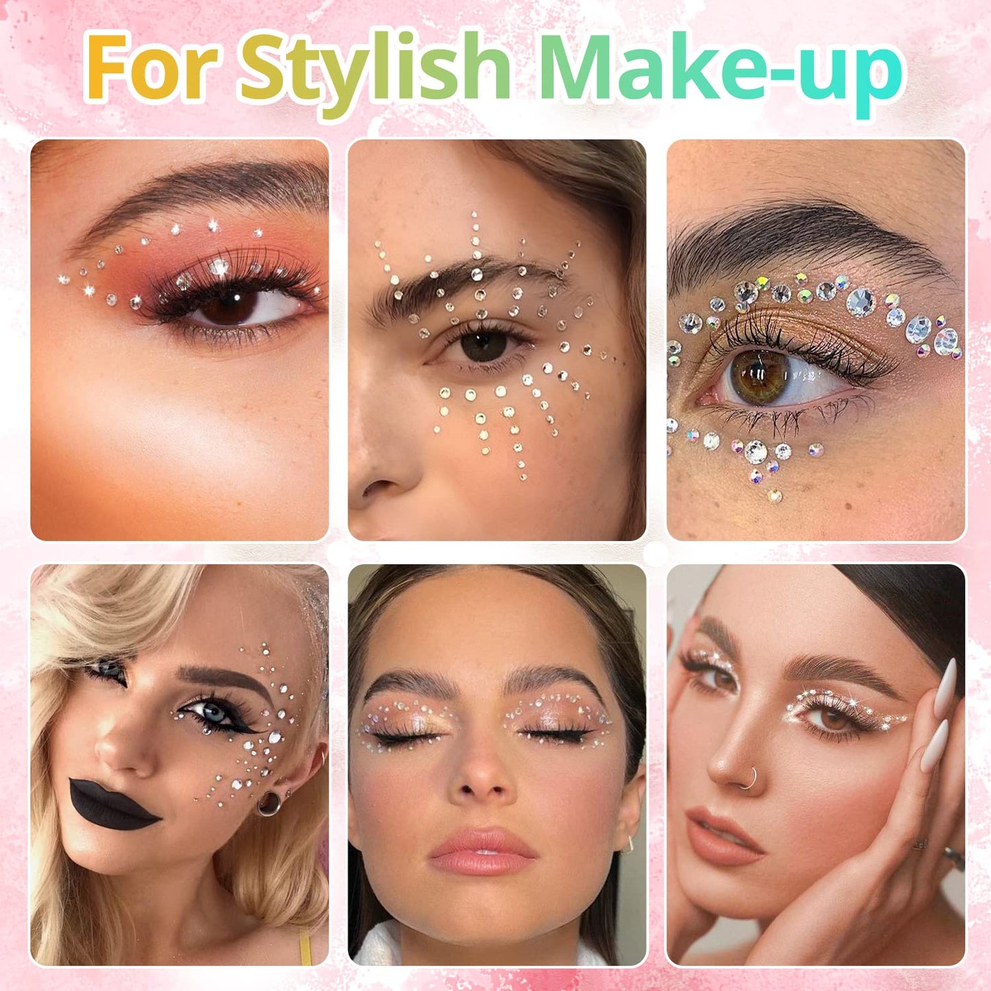 1.5-6mm Round Flatback Face Gems Kit (Clear) for Makeup with Quick Dry Glue + Brush + Tweezer, Nail Art Rhinestones Transparent White Glass Crystal Beads for Make-up Deco-GlimoraGlow