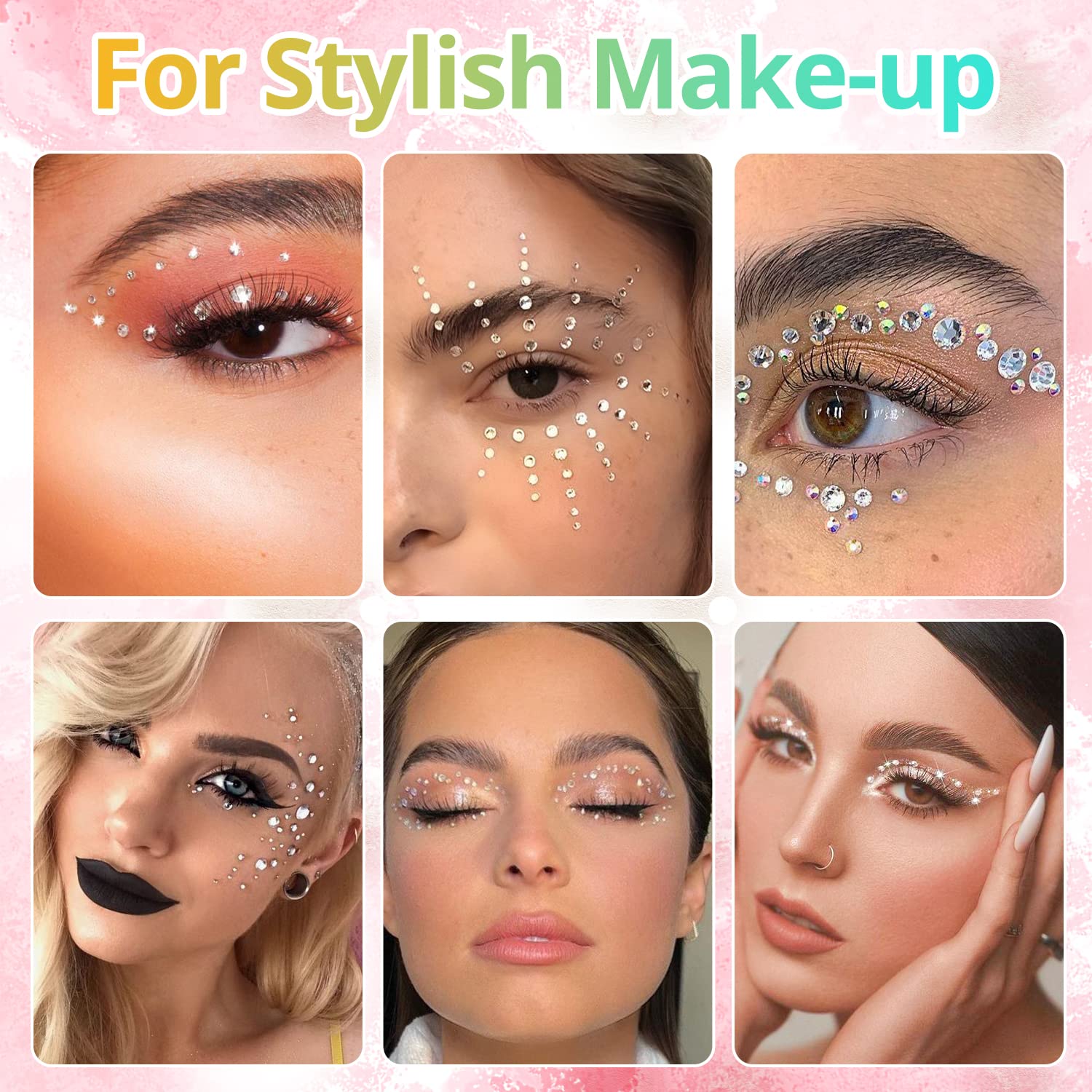 1.5-6mm Round Flatback Face Gems Kit (Clear) for Makeup with Quick Dry Glue + Brush + Tweezer, Nail Art Rhinestones Transparent White Glass Crystal Beads for Make-up Deco-GlimoraGlow