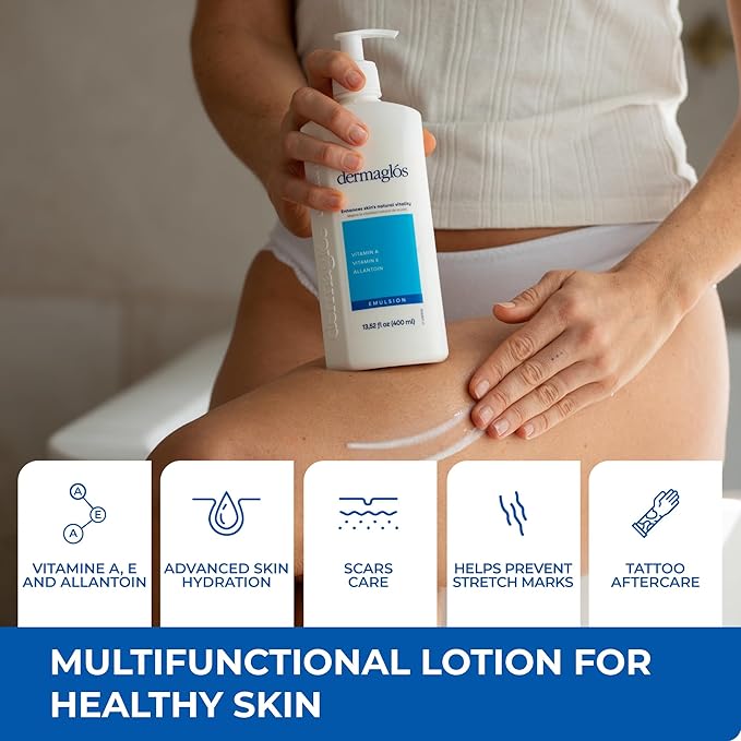Dermaglos Moisturizing Body Lotion for Dry Skin with Extra Vitamin A, Vitamin E & Allantoin | Regenerating Lightweight Moisturizer for Stretch Marks, Tattoos Aftercare, Scars & Wrinkles | 13.52 Fl Oz-GlimoraGlow