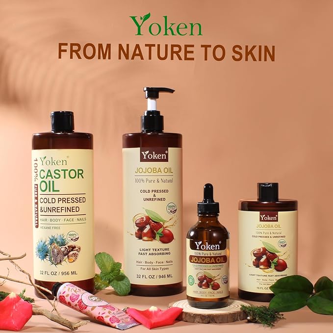 Yoken Jojoba Oil 4 fl oz EWG Verified 100% Pure Jojoba Oil Cold Pressed for Skin, Hair, Nails, Cuticles - Unrefined & Hexane Free, Natural Moisturizer Carrier oils Facial Serum for Gua Sha-GlimoraGlow