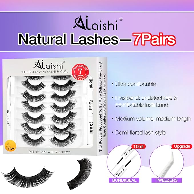 Fluffy False Eyelashes Kit With Bond, Seal and Tweezer, 7 Pairs Natural Look Fake Cat Eye Lashes Strips Thin Band Extensions Waterproof Easy Eyelashes for Beginners DF100-GlimoraGlow