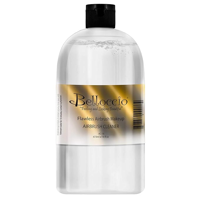 16 Ounce Bottle of Belloccio Makeup Airbrush Cleaner - Fast Acting Cleaning Solution, Quickly Cleans Flushes Out Airbrush Makeup Foundation, Blush, Highlighter - Clean Cosmetic Makeup Brushes, Paint-GlimoraGlow