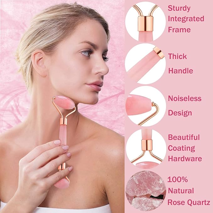 Jade Roller for Face - Rose Quartz Face Roller Skin Care - Stone Facial Roller, Face Massager for Women, Relieve Stress, Remove Wrinkles Eye Puffiness-GlimoraGlow