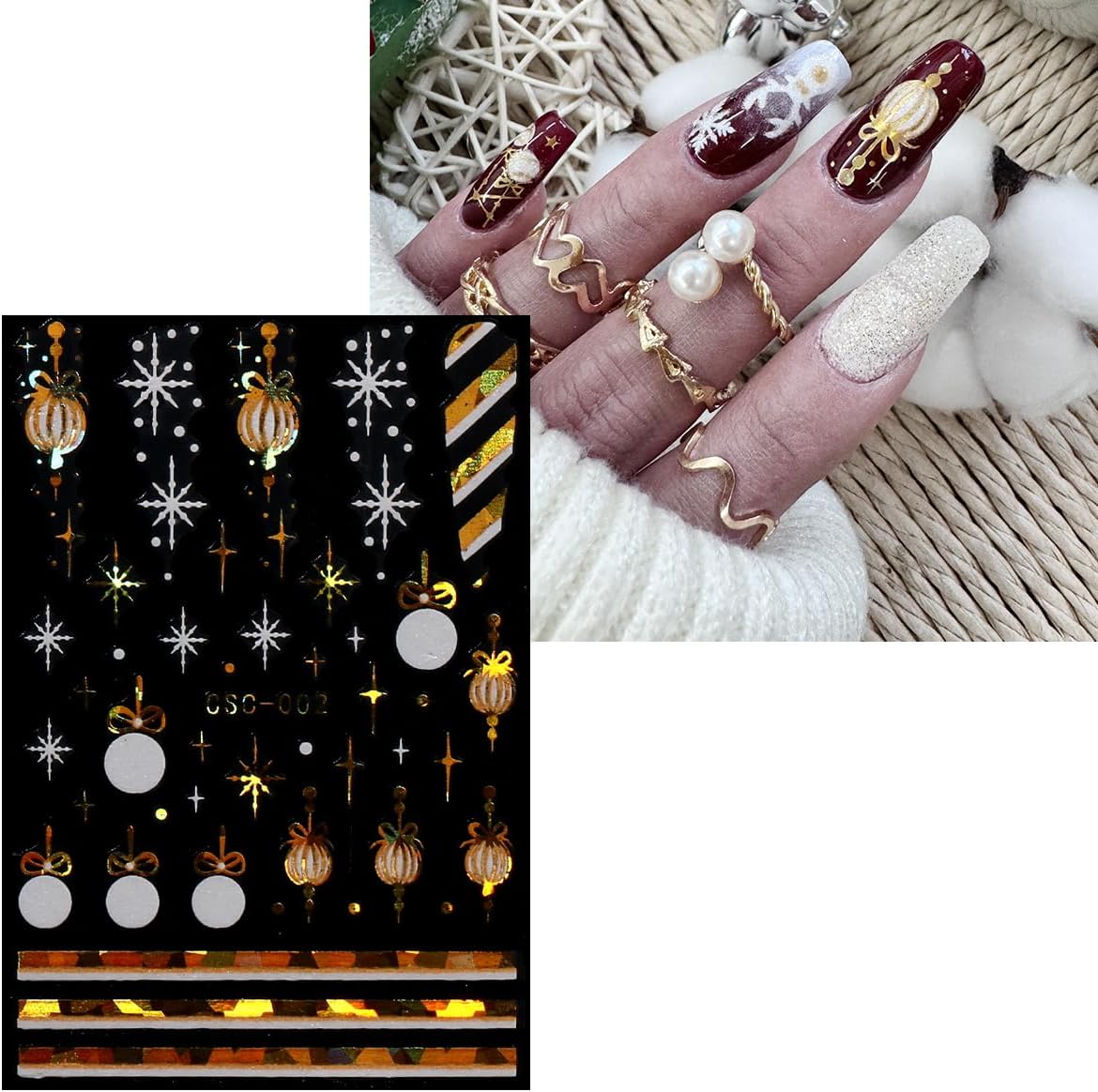 JMEOWIO 8 Sheets Christmas White Glitter Gold Nail Art Stickers Decals Self-Adhesive Snowflake Winter Holiday Nail Supplies Nail Art Design Decoration Accessories-GlimoraGlow