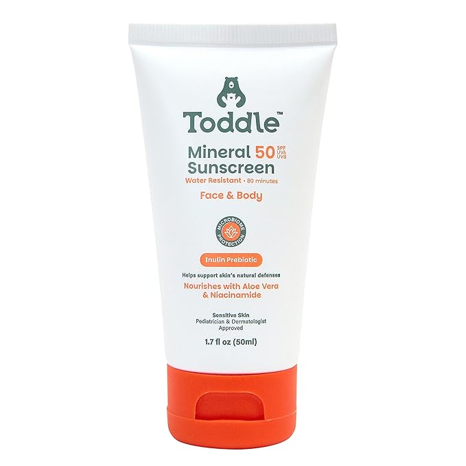 Prebiotic Mineral Sunscreen SPF 50 for Kids & Baby, Face & Body Sun Protection, Reef Safe, Non-Toxic Zinc Oxide Broad Spectrum, Water-Resistant, No White Cast, Travel Size 1.7oz-GlimoraGlow